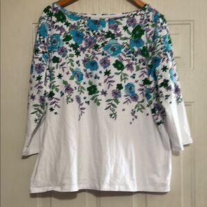 Talbots Blue and White Relaxed Blouse with‎ Floral Design